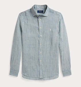 Camisa Manga Longa Infantil, Linho, Listras Azul e Creme, Polo Ralph Lauren