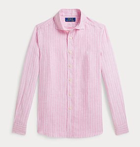 Camisa Manga Longa Infantil, Linho, Listras Rosa e Branca, Polo Ralph Lauren
