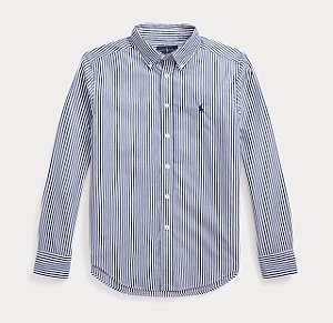 Camisa Manga Longa Infantil, Algodão Popeline, Listras Azul e Branca, Polo Ralph Lauren
