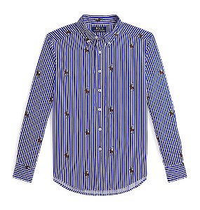 Camisa Manga Longa Infantil, Algodão Popeline, Listras Estampa Polo Bear, Polo Ralph Lauren