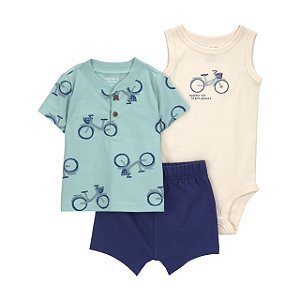 Conjunto Bebê 3 Peças Camiseta, Body e Short, Estampa Bicicleta, Child of Mine by Carter’s