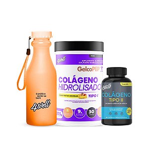 Kit Colágeno Hidrolisado 375g Pote Tipo I  + Colágeno Tipo II + Garrafa Squeeze