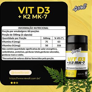 Vitamina D3(Colecalciferol 2.000ui) + K2(menaquinona-7 75mcg) 4well - 60 cápsulas - Combo 3 Potes