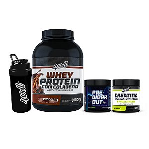 Kit Ganho de Massa Whey Protein 900g + Creatina 300g + Pré-Treino 300g Limão + Coqueteleira