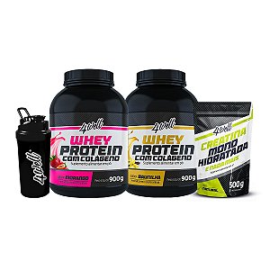 Combo 2x Whey Protein - Sabor Morango e Baunilha 900g + Creatina 500g + Coqueteleira - 4well