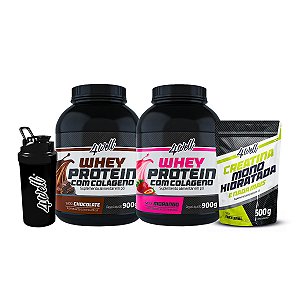 Combo 2x Whey Protein - Sabor Chocolate e Morango 900g + Creatina 500g + Coqueteleira - 4well