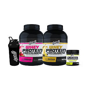 Combo 2x Whey Protein - Sabor Morango e Baunilha 900g + Creatina 300g + Coqueteleira - 4well