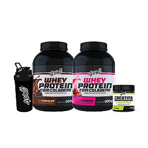 Combo 2x Whey Protein - Sabor Chocolate e Morango 900g + Creatina 300g + Coqueteleira - 4well