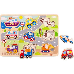 Tabuleiro de Encaixe de Madeira com Pinos Veículos - Tooky Toy