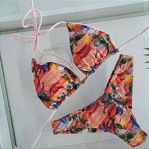 Biquíni Cortininha Dupla Fio Duplo -Floral Laranja/Rosa bebê