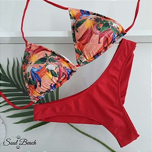 Biquíni Cortininha Fio Duplo - Floral Vermelho