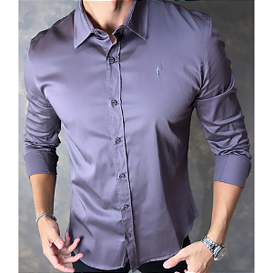 Camisa Acetinado Cinza Grafite Manga Longa Colarinho Italiano G