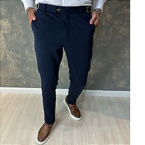 Calça Alfaiataria Slim Azul Marinho Com Regulagem Lateral