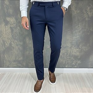 Calça Alfaiataria Slim Azul Marinho Com Regulagem Lateral