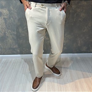 Calça Alfaiataria Slim Bege Claro Com Regulagem Lateral