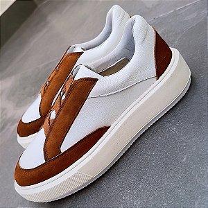 Sneaker Comfort Branco / Marrom Elastico em X