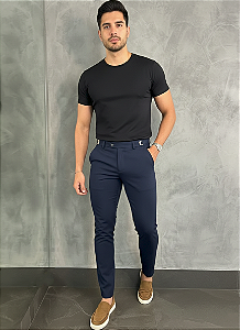 Calça Alfaiataria Skinny Azul Marinho Com Regulagem Lateral