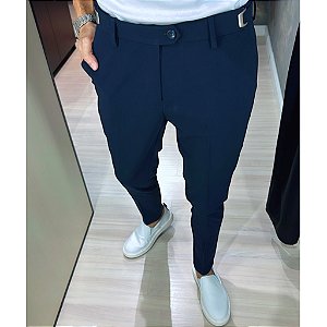 Calça Alfaiataria Skinny Azul Marinho Com Regulagem Lateral