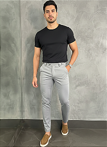 Calça Alfaiataria Skinny Cinza Com Regulagem Lateral