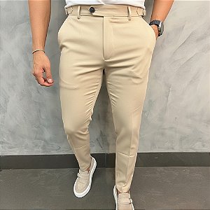 Calça Alfaiataria Slim Areia com Ajuste na Lateral Manual