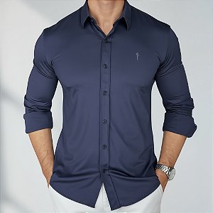 Camisa Slim Fit Azul Marinho Ultra Elástica