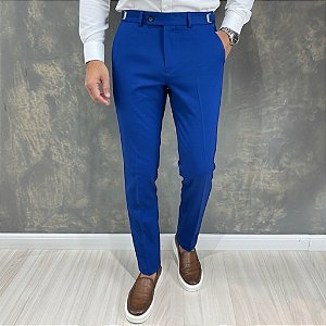 Calça Alfaiataria Slim Azul Royal Com Regulagem Lateral