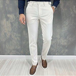Calça Alfaiataria Slim Off White Com Regulagem Lateral