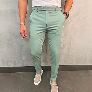 Calça Alfaiataria Slim Verde Claro com Ajuste na Lateral Manual