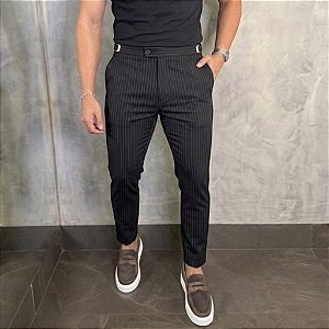 Calça Alfaiataria Slim Viena Risca De Giz Black Com Regulagem Lateral