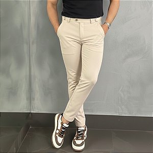 Calça Alfaiataria Atenas Slim Areia Com Regulagem Lateral