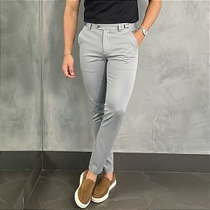 Calça Alfaiataria Atenas Slim Cinza Com Regulagem Lateral