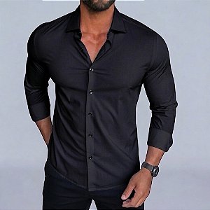 Camisa Slim Fit Tecnologica Preta Manga Longa Fibra De Bambu
