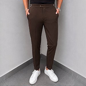 Calça Alfaiataria Slim Viena Marrom Café Com Regulagem Lateral