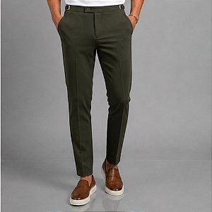 Calça Alfaiataria Slim Viena Verde Militar Com Regulagem Lateral