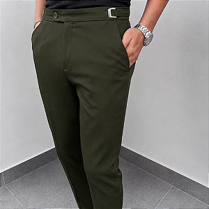 Calça Alfaiataria Slim Viena Verde Militar Com Regulagem Lateral