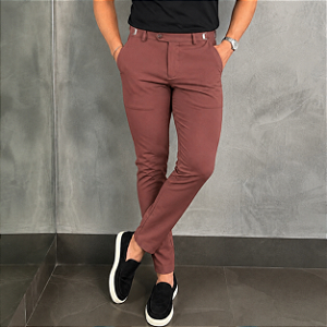 Calça Alfaiataria Atenas Slim Marrom Com Regulagem Lateral