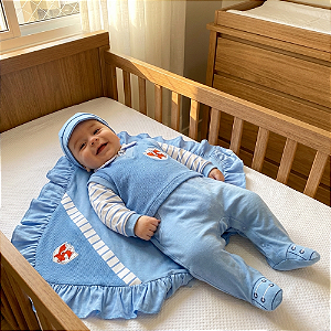 Saida de Maternidade Malha Bord. Raposa Otolina My Baby Azul Bebê P