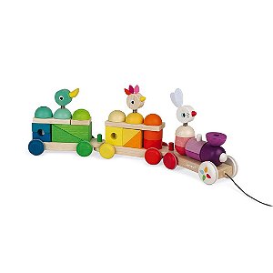 Trem de Puxar e Montar Multicolorido - Brinquedo Madeira Janod