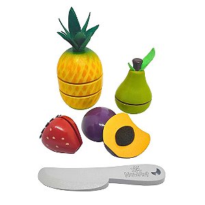 Kit 4 Frutinhas com corte: Abacaxi, Ameixa, Morango e Pêra - Comidinhas de Madeira Newart