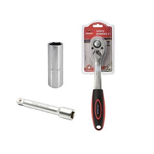 Catraca Reversível 1/2 + Extensão 1/2 x 5 e Soquete 16mm - 90mm