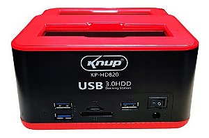 Dock Station Sata 2x HD 2.5/3.5" Com Leitor de Cartão HUB USB 3.0 Clona HD Preto KP-HD820 Knup