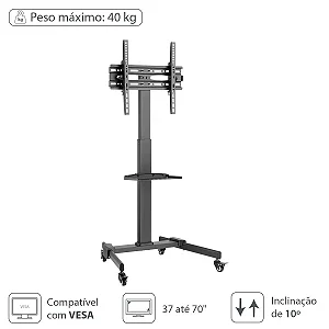 Suporte Rack para Televisão de 37" a 70" c/Rodinhas Suporte para Receptor e Organizador de Cabos SR-150 Vinik