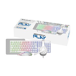 Combo Gamer 4 em 1 Bluecase Play Branco BGHPKM-01WBX, Teclado ABNT2, Mouse 2400 DPI, Headset e Mouse