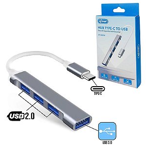 HUB USB-C Knup HB504 com 4 Portas USB 3.0 de Alta Velocidade 5Gbps em Alumínio para Notebook e PC