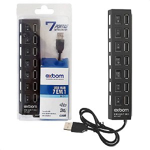 Hub USB 2.0 Exbom UH-2S7 com 7 Portas, Interruptor Liga/Desliga Individual por Porta, LED Indicador e Velocidade de 480Mbps