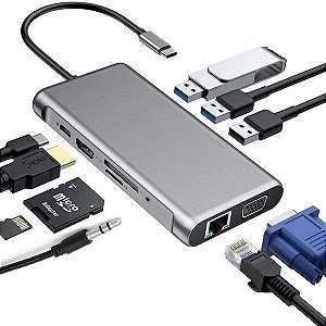 Conversor Type C Multifunção 8 Portas 3x USB HDMI RJ45 SD