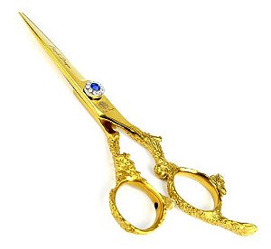 Tesoura Cabeleireiro Barbeiro Profissional 5.5 Fio Navalha Dourada