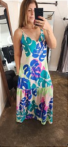 Vestido longo em viscolinho c babado floral fundo cru