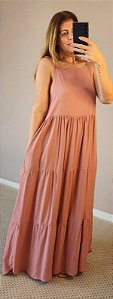 Vestido longo em camadas, alça c amarração rose