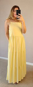 Vestido longo em camadas, alça c amarração amarelo